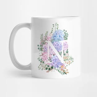 botanical monogram alphabet N hydrangea flowers Mug